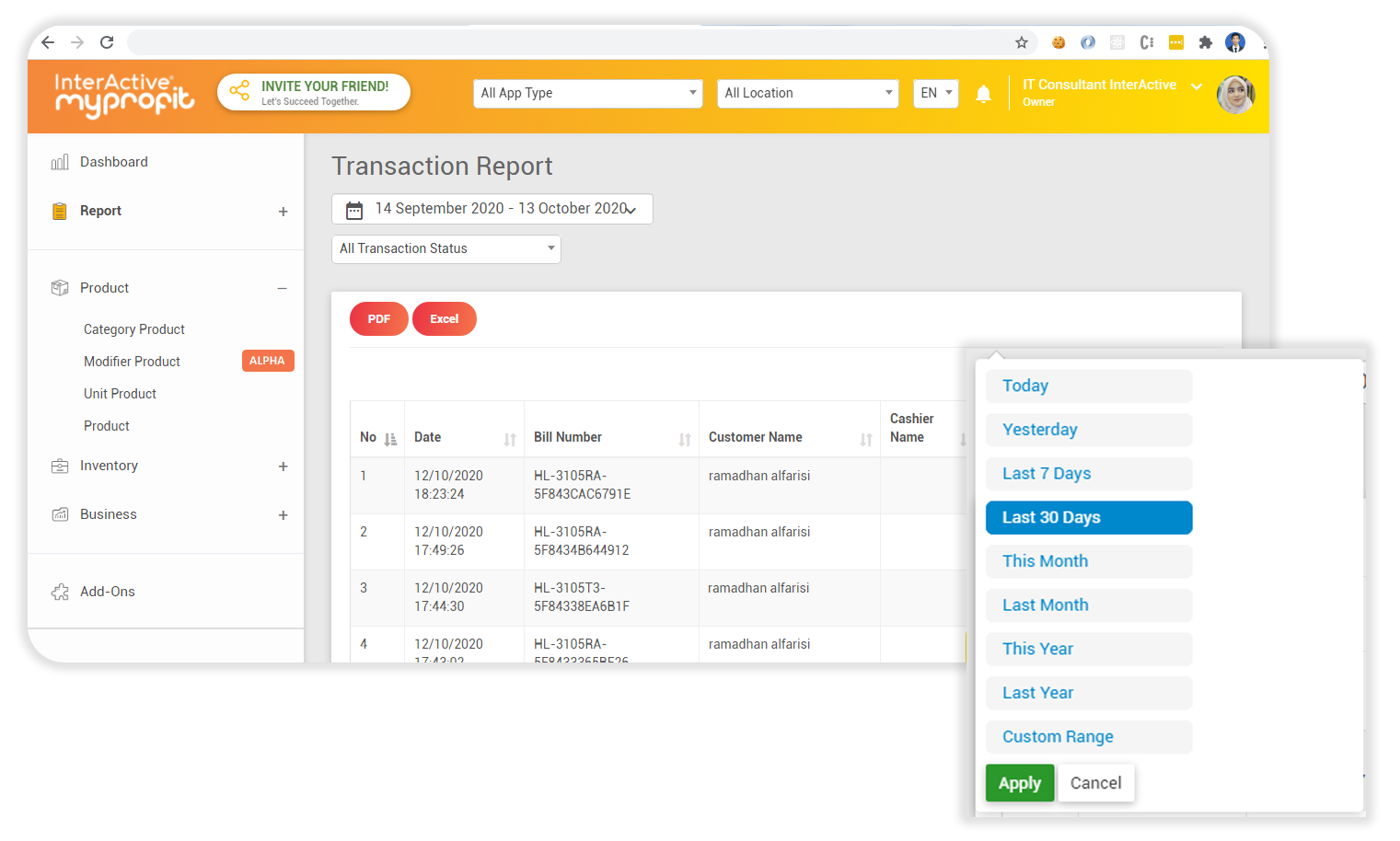 Fitur dashboard pos inetractive myprofit type order online